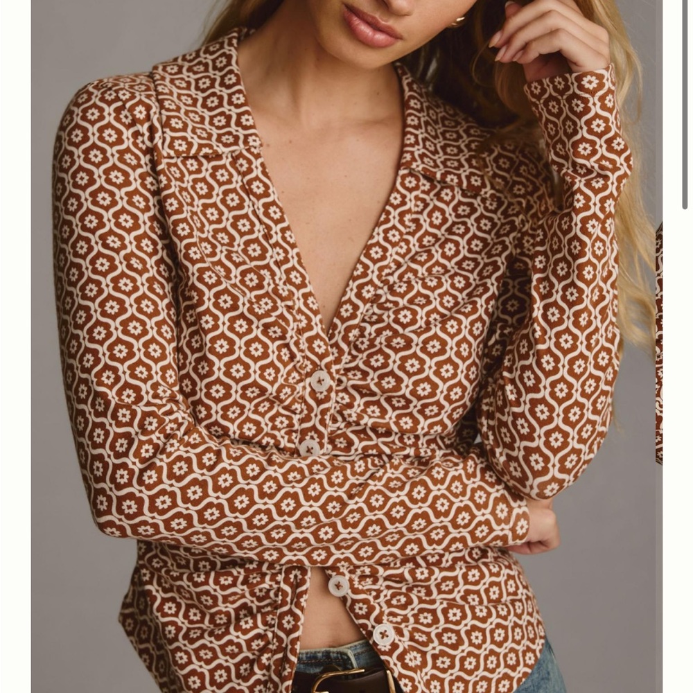 Anthropologie Maeve Ruched Shirt BROWN MOTIF 70s Button Front Top Small